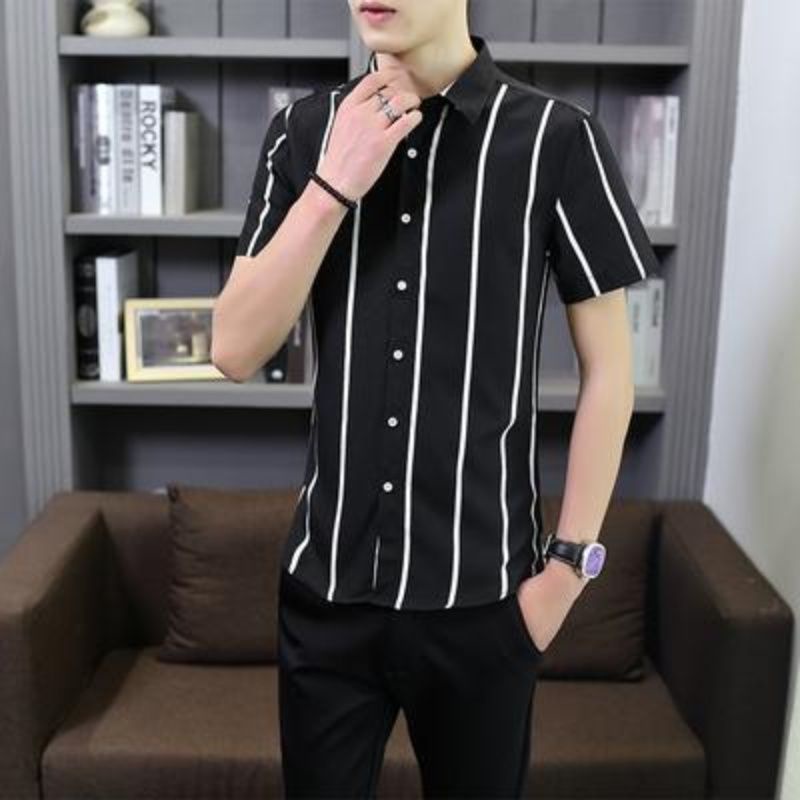 Áo Sơ Mi Nam Ngắn Tay Sọc Trắng Đen Thời Trang