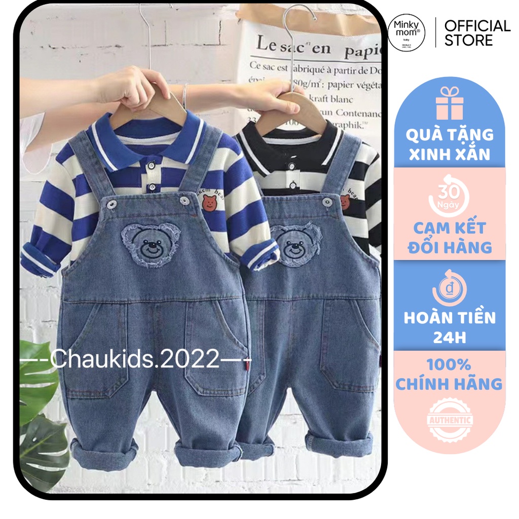 Set Yếm Bé Trai, Bé Gái Thêu Gấu Áo Kẻ Sọc Cổ Đức, Set Bộ Cho Bé Mặc Đi Chơi CKTD17