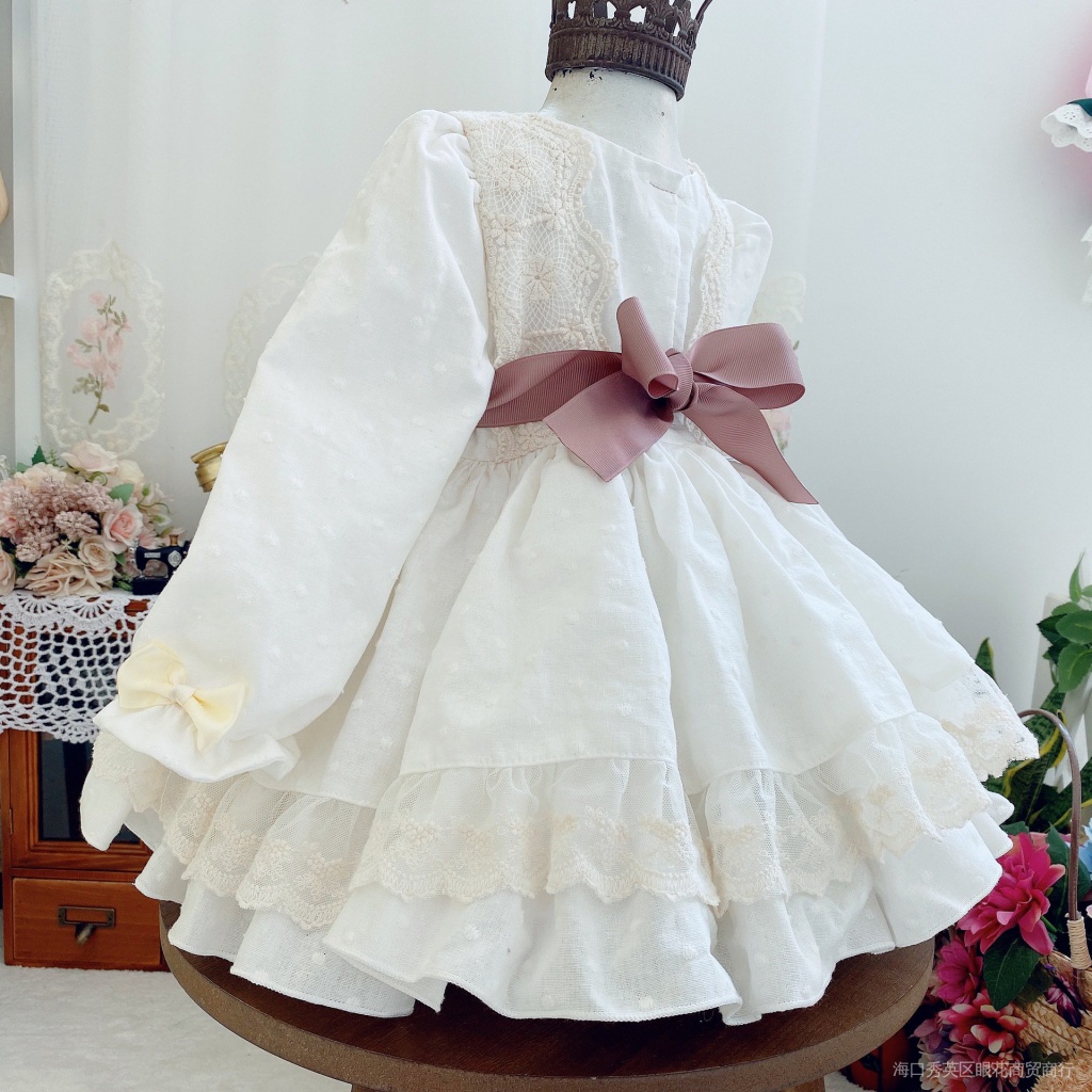 Đầm Công Chúa Lolita Phối Lưới Dễ Thương Màu Be In Hoa Dành Cho Bé Gái Sơ Sinh