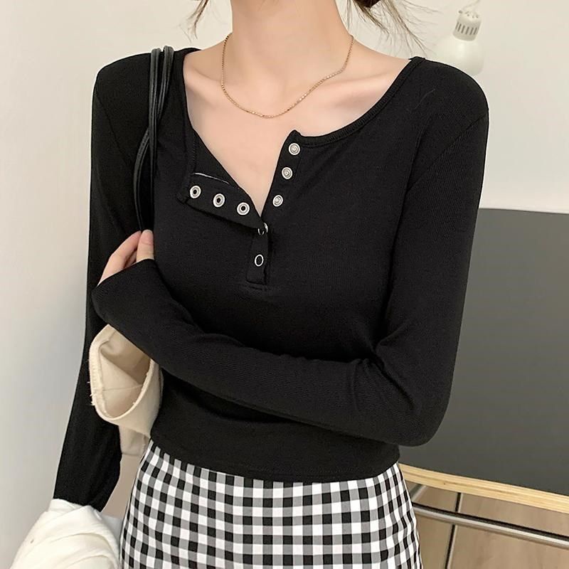 Áo thun tay dài cổ chữ V phong cách thu đông thịnh hành