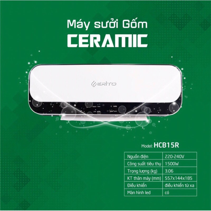 Máy sưởi gốm Erito HCB15R - Kích thước 557x144x185mm, màu trắng đen