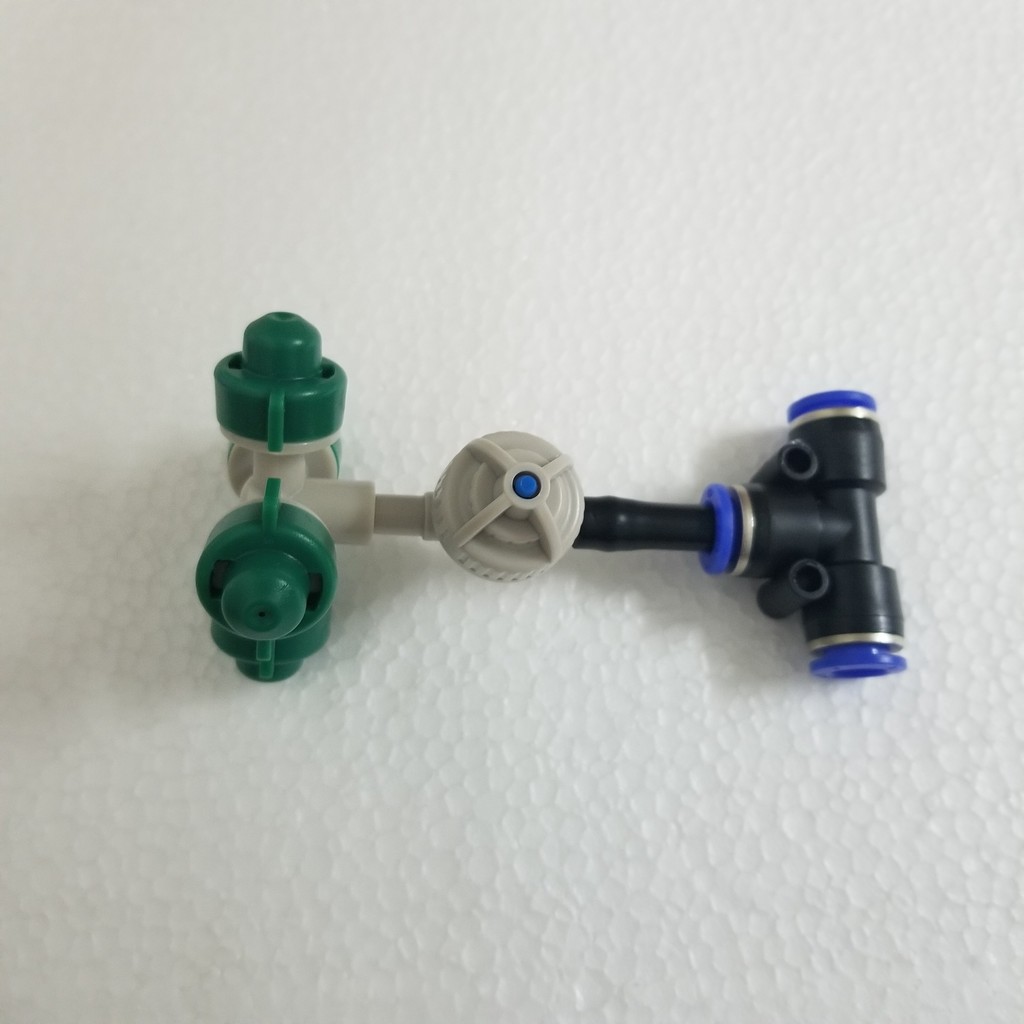Béc phun sương 4 hướng - 4 cửa kèm Van Chống Rỉ - Bù Áp - Chống Nhỏ Giọt trắng và Tê cho ống 8mm