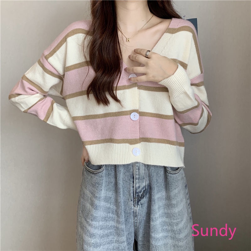 Áo khoác cardigan dệt kim cổ chữ V kẻ sọc phong cách mùa thu cho nữ