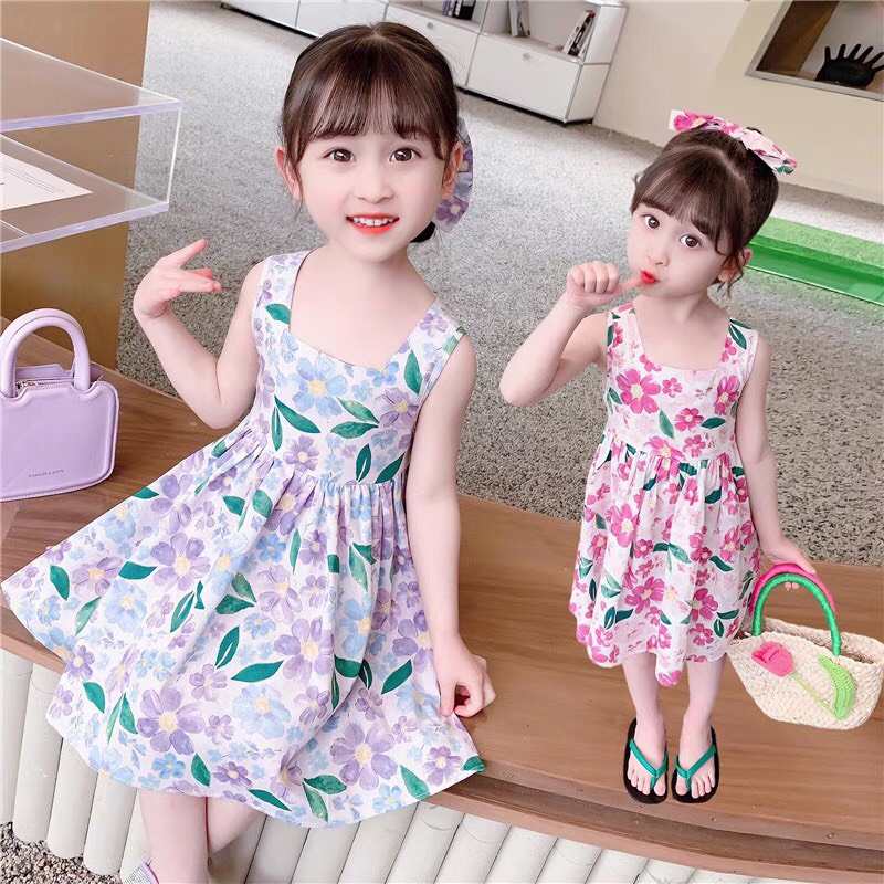 Váy cho bé gái - Váy hoa 2 màu hồng,tím cho bé mặc mùa hè, đi du lịch siêu mát, thấm hút mồ hôi cực tốt size 8kg-20kg