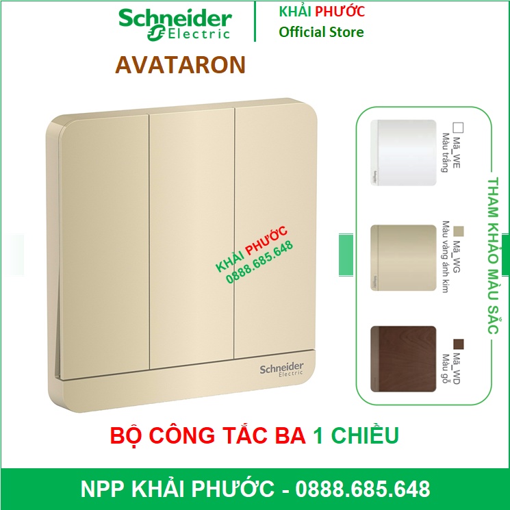 BỘ CÔNG TẮC ĐÈN 3 BA 1 CHIỀU 16A AVATARON VUÔNG SCHNEIDER E8333L1LED_WE_G19 E8333L1LED_WG_G19 E8333L