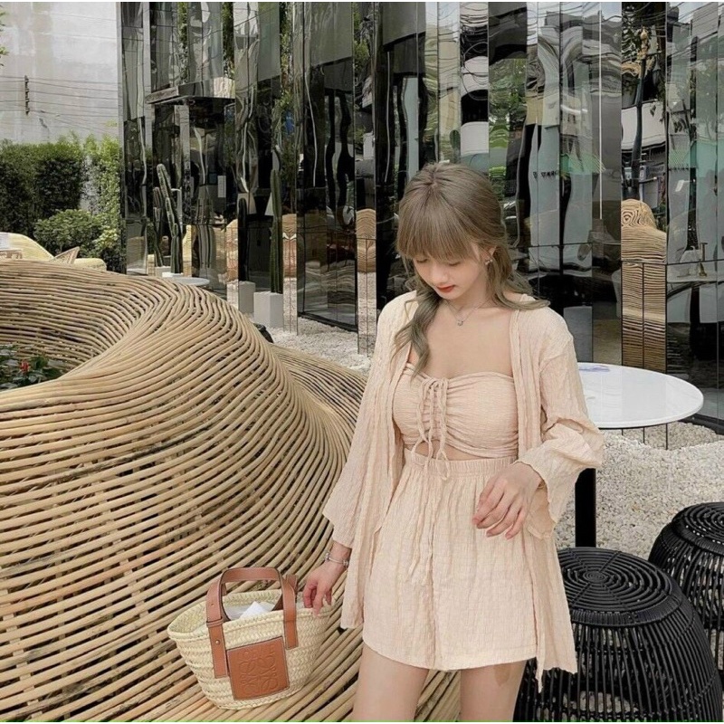 SET 3 MÓN: KHOÁC FORM DÀI +ÁO CROP RÚT DÂY NGỰC + CHÂN VÁY✨