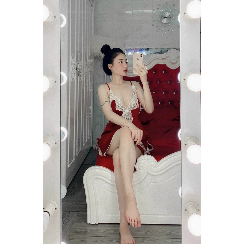 Đầm ngủ 2 dây xẻ tà, lụa satin cao cấp phối ren quyến rũ kèm quần đùi gợi cảm, freesize dưới 65kg - SHOP HUYỀN TRANG