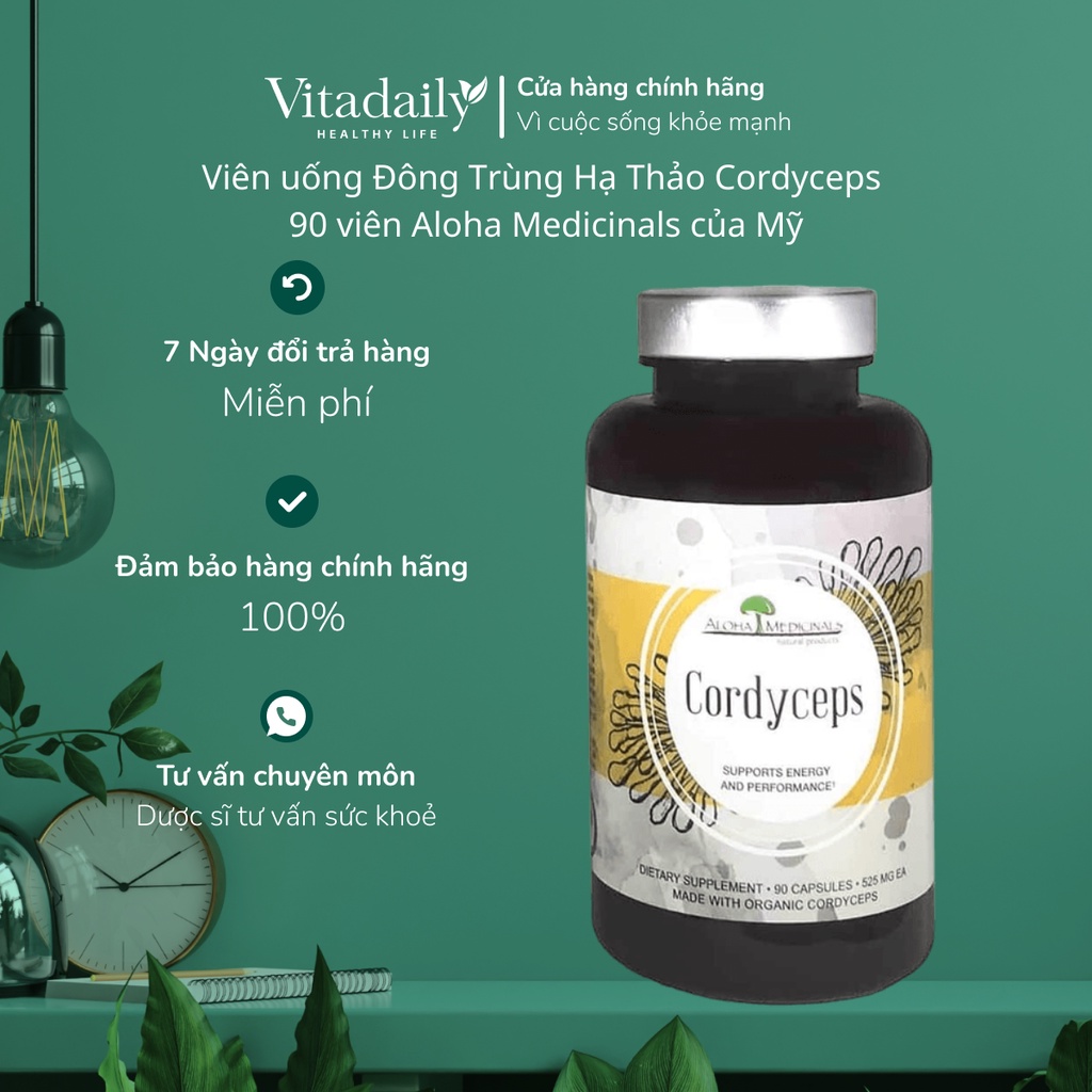 Viên uống Đông Trùng Hạ Thảo Cordyceps 90 viên Aloha Medicinals của Mỹ
