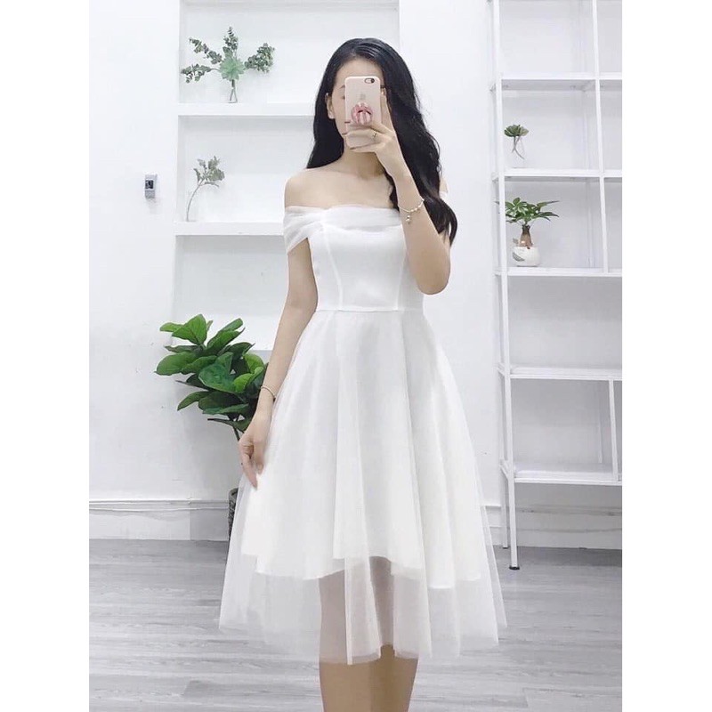 Váy dựa tiệc trễ vai hot hit  - Đầm trắng dạ hội mẫu mới nhất 2021 | BigBuy360 - bigbuy360.vn