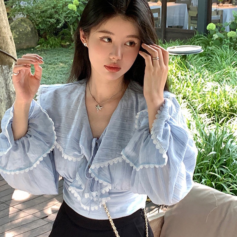 Ao babydoll Áo Thun Tay Dài Dáng Ôm Ngắn Phong Cách Pháp Thời Trang Mùa Thu Nhẹ Nhàng Niche Lac