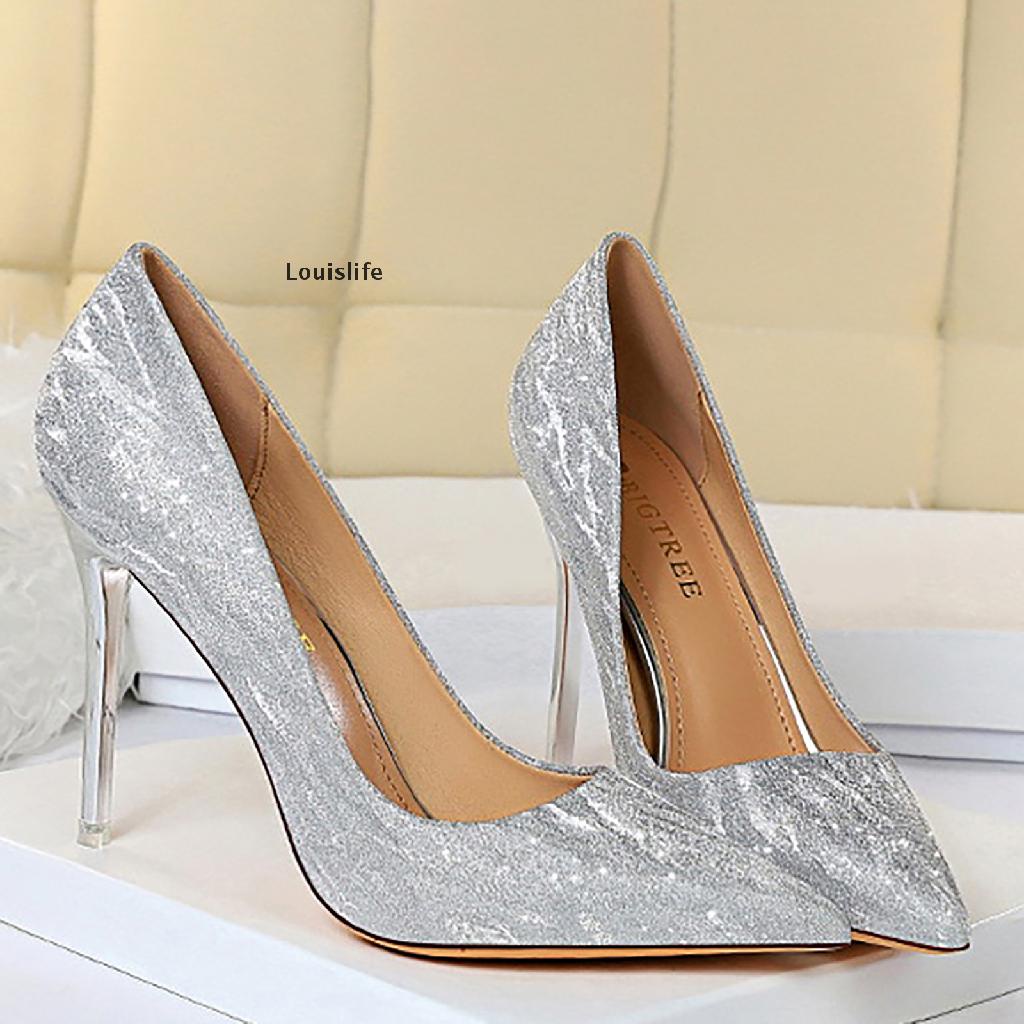 [Louislife] Womens Pointed Toe Stilettos Classic Slip On Sequins Pump Shoes High Heels New Stock