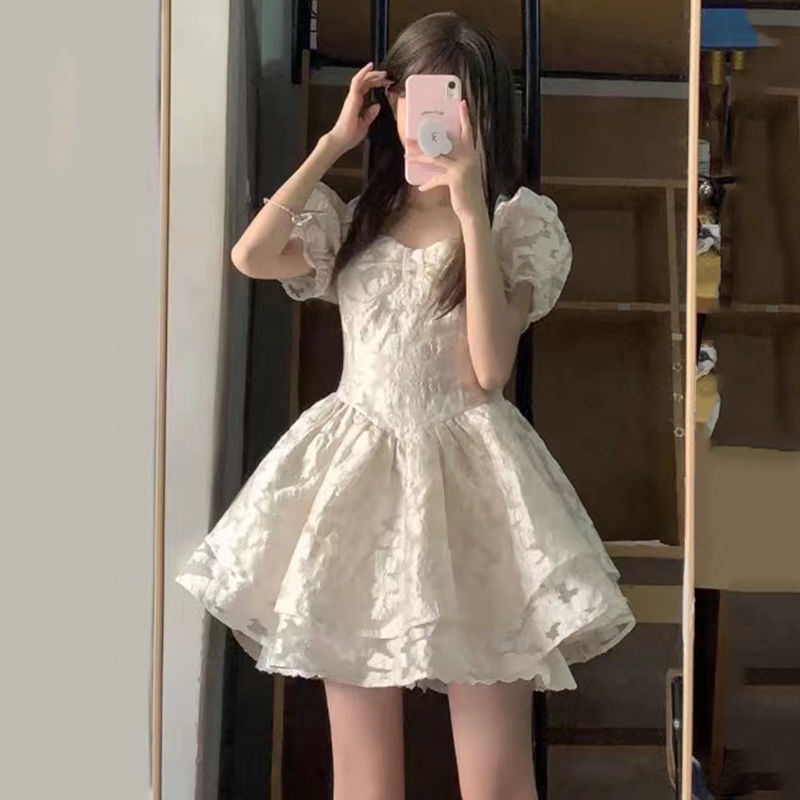 Đầm Ngắn Ôm Eo Màu Trơn Phong Cách Công Chúa Thời Trang Mùa Hè Mới Cho Nữ