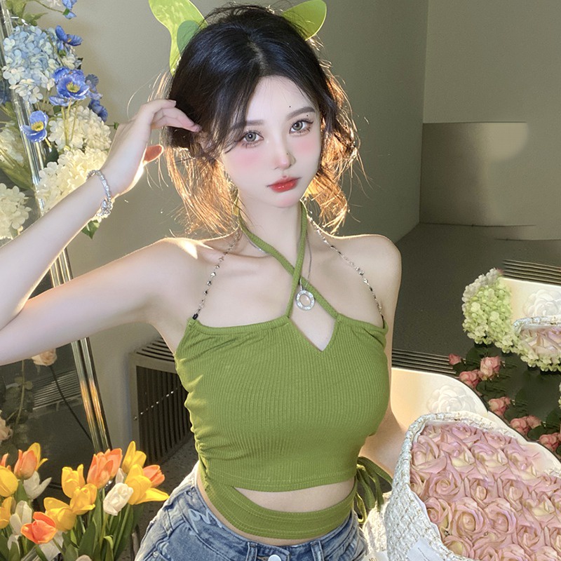 Áo Crop Top Cổ Yếm Phong Cách Hàn Quốc Thời Trang Mùa Hè Quyến Rũ Cho Nữ
