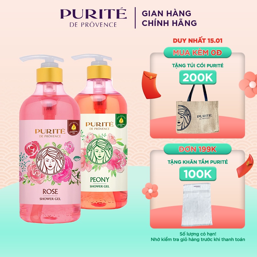 Combo 2 Sữa Tắm Purité Mềm Mịn Hoa Hồng 850ml + Sữa tắm Purité thư giãn hoa mẫu đơn 850ml