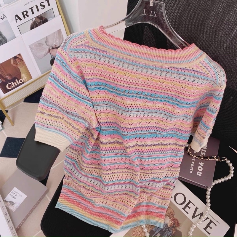 ÁO LEN DỆT CÚC GIỮA KẺ HỒNG QUẢNG CHÂU MS17263