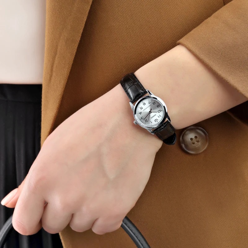 Đồng hồ Nữ Casio LTP-V001L-7B, đồng hồ chính hãng, dây da đen, mặt trắng số