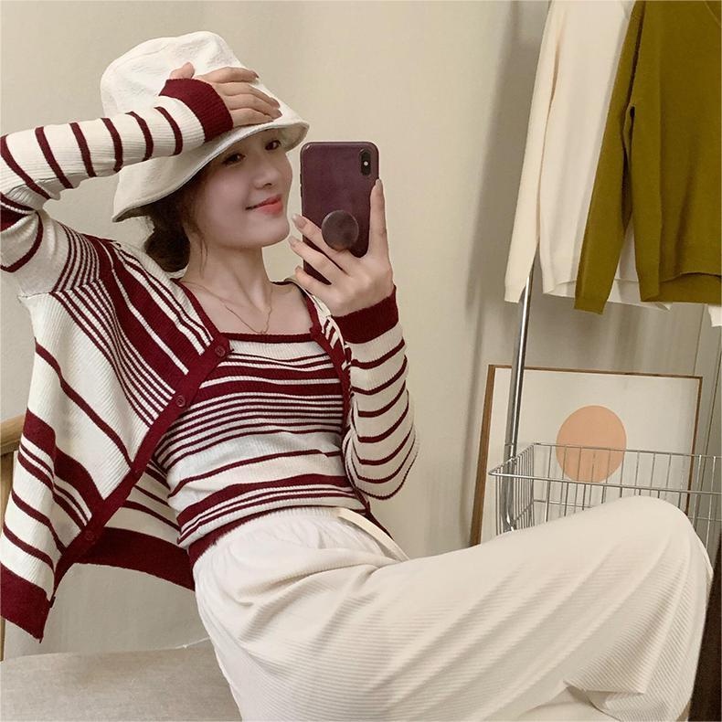 【ZHELIHANGFEI】Áo Cardigan Dệt Kim Không Tay Lưng Cao Họa Tiết Kẻ Sọc Thời Trang Cho Nữ