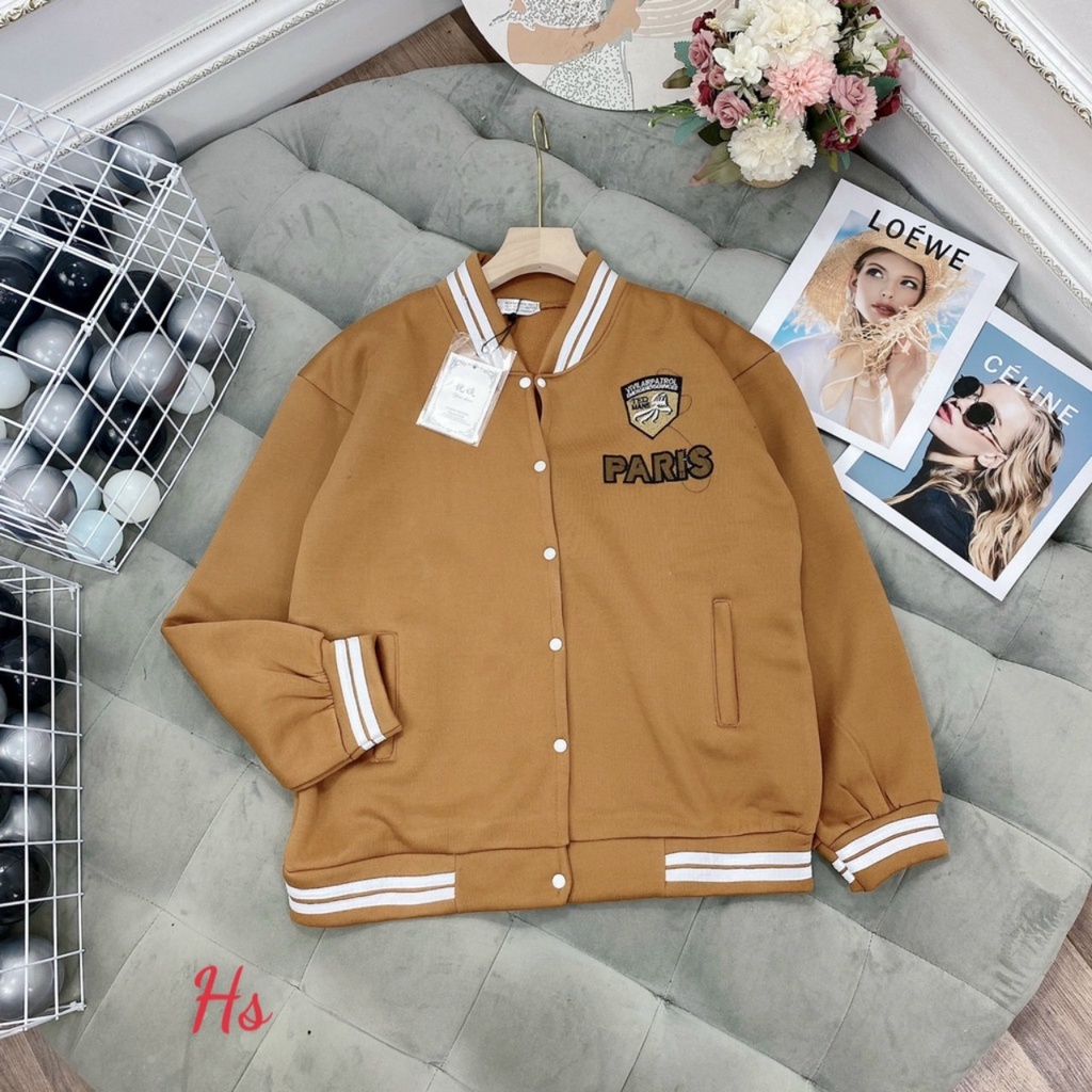 Áo Bomber Ulzzang nâu nữ Paris ngực cúc bấm - dáng rộng thêu Logo