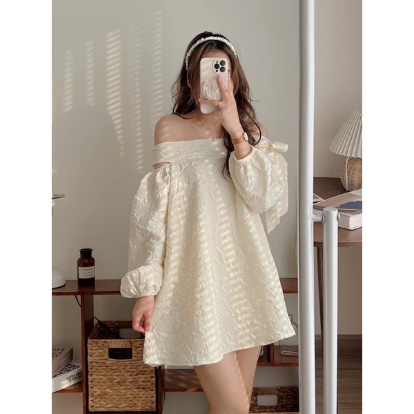 [HÀNG SẴN] Áo trễ vai tiểu thư thắt nơ bên - Váy Trễ Vai Thắt Nơ Dáng Babydoll Xòe Hai Lớp Chất Tafta