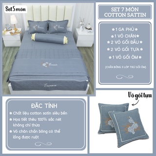 Bộ chăn ga gối chần bông thêu hoa 7 món cotton Satin thêu hoa cao cấp H&T Bedding , ga phủ vỏ chăn , Bộ Ga Gối Cưới
