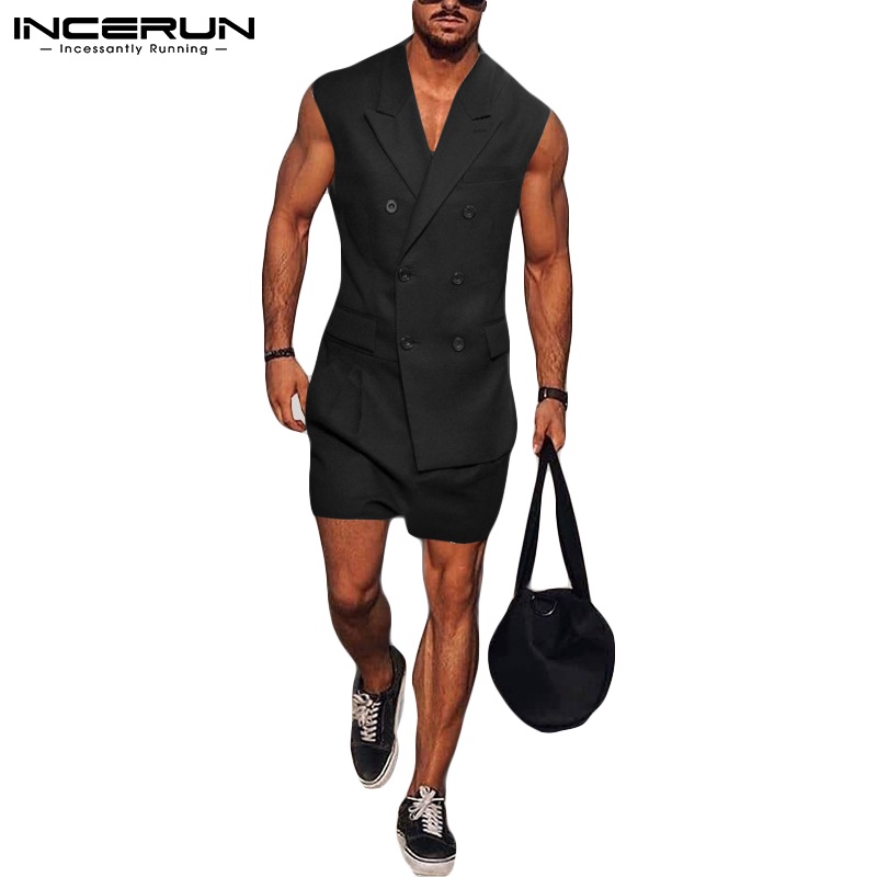 Áo liền quần ngắn INCERUN màu trơn phong cách phương Tây thời trang dành cho nam