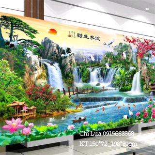 Tranh ttranh thêu Phong cảnh hữu tình tuyệt đẹp KT 150*72cm