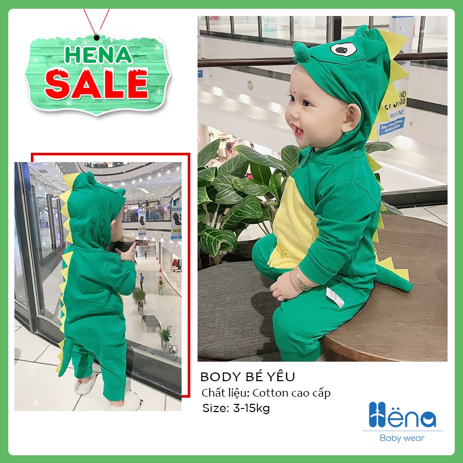 Body Dài Tay Khủng Long Xanh Thu Đông Cho Bé Gái, Bé Trai hình thú siêu dễ thương 3-15kg _ Henashop