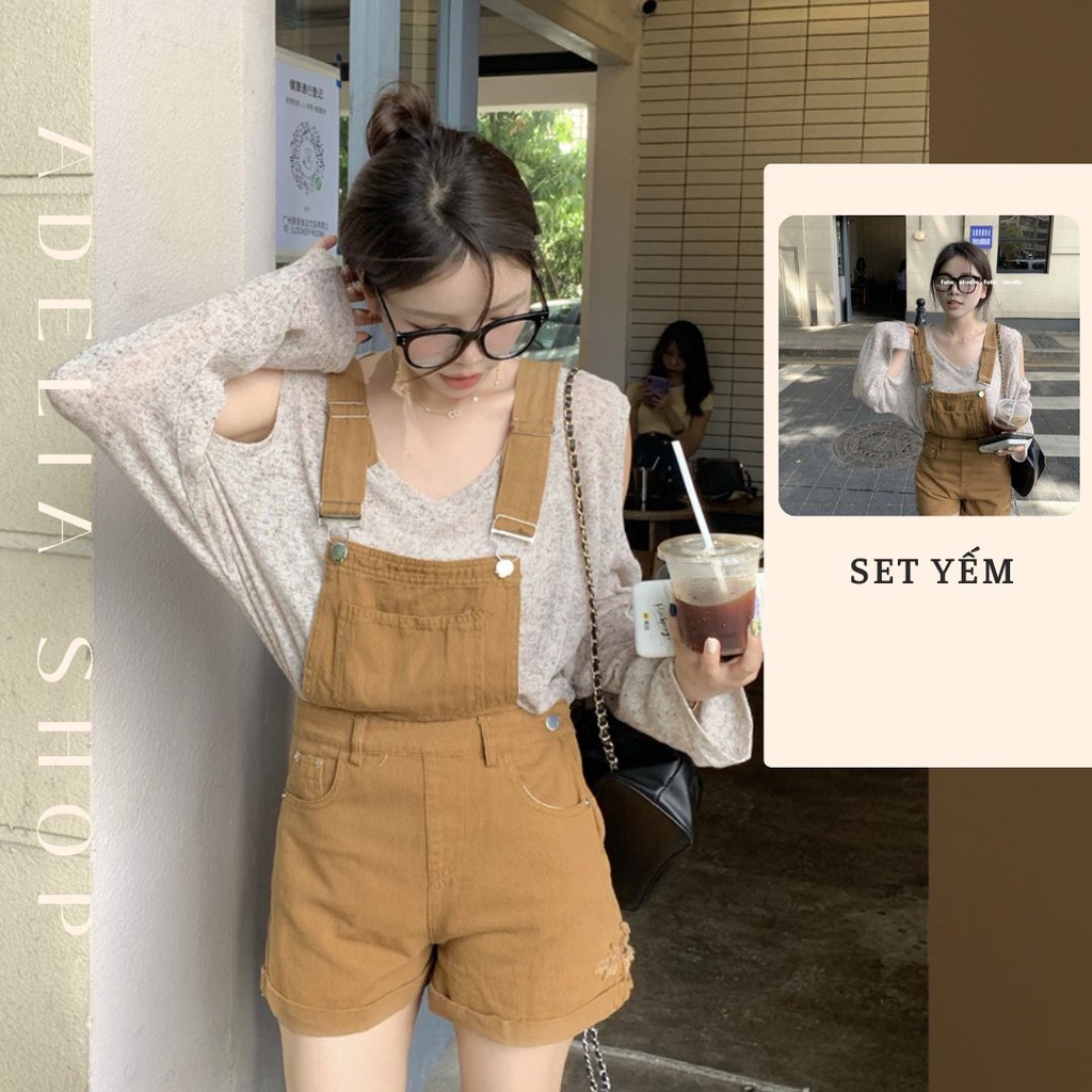 Adelia | Set Yếm Quần Nữ Denim Màu Kaki Unisex Kèm Túi Ngực Hàn Quốc Và Áo Thun Basic Dài Tay Cổ Rộng Khoét Vai