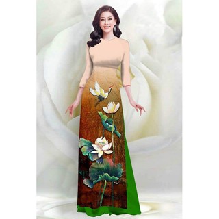 SÉT ÁO DÀI LỤA TRUYỀN THỐNG IN HOA SEN & CHIM CÒ
