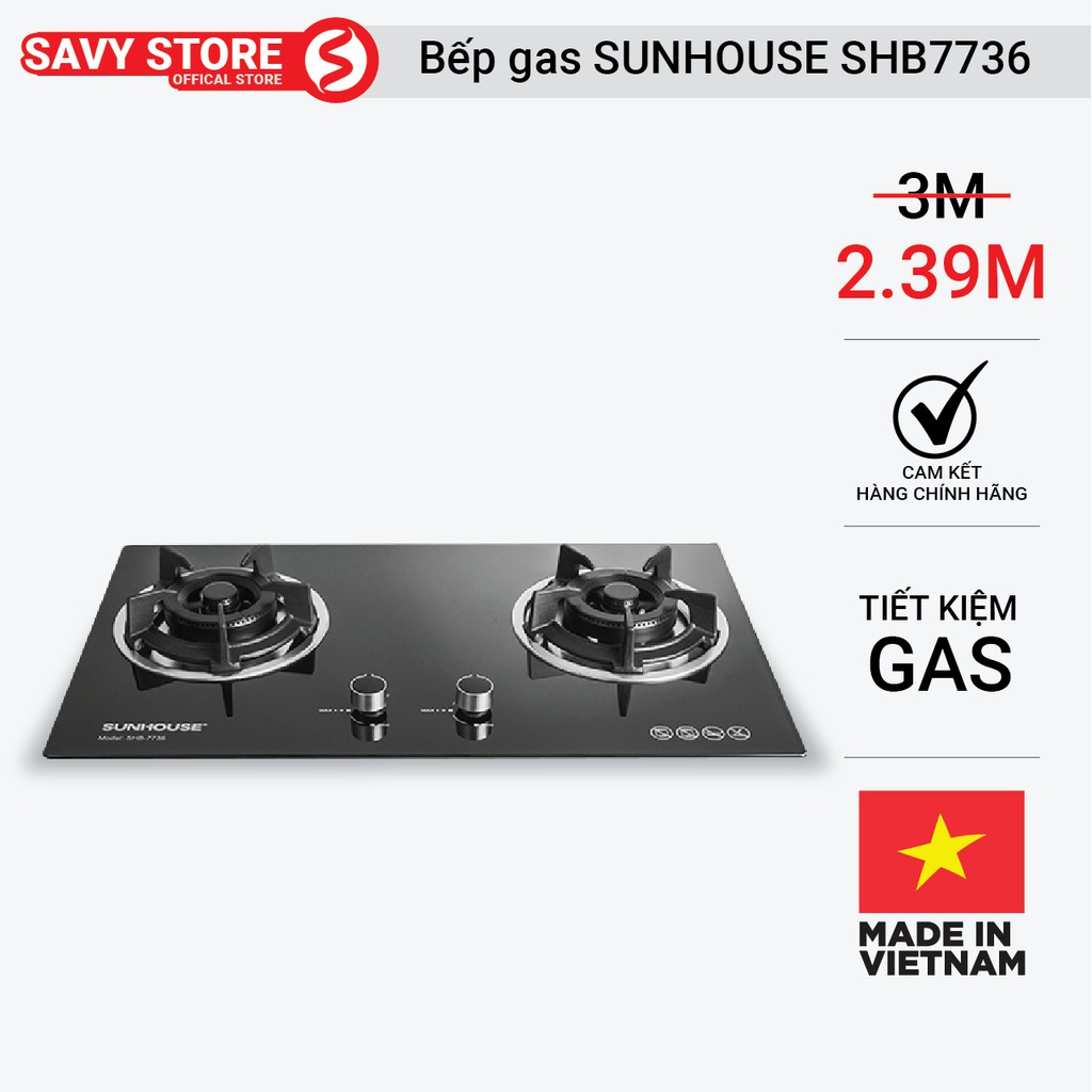 [CHÍNH HÃNG] BẾP GAS ÂM MẶT KÍNH SUNHOUSE SHB7736, BẾP GAS ĐÔI MẶT KÍNH AN TOÀN CAO CẤP SUNHOUSE