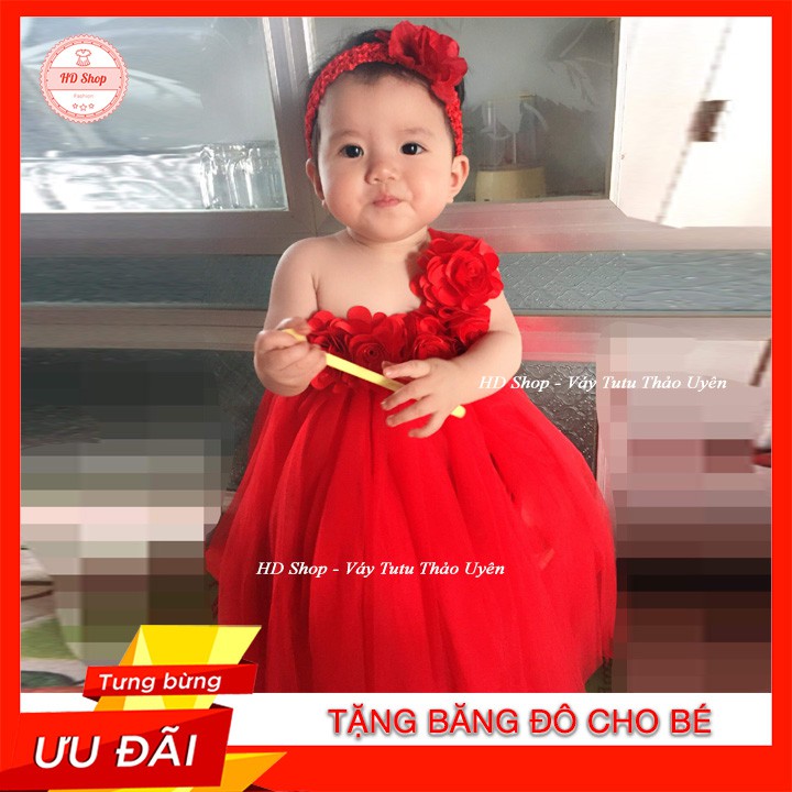 Đầm cho bé sơ sinh ❤️FREESHIP❤️ đầm công chúa đỏ sáu bông lệch quai cho bé 0-12 tháng tặng kèm băng đô