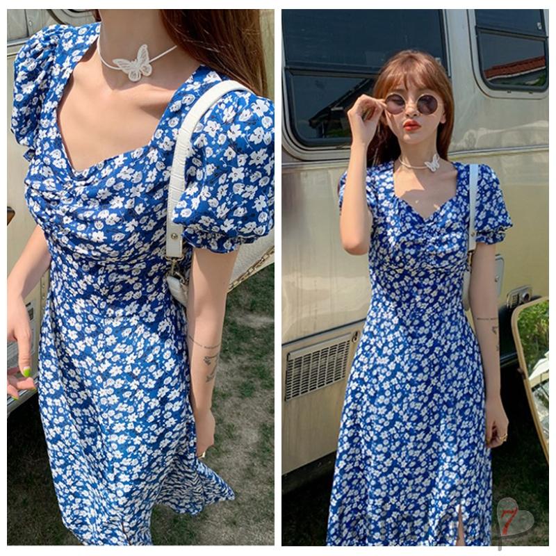 Đầm Tay Ngắn Cổ Chữ V Họa Tiết Hoa Màu Xanh Dương Cho Nữ M / L / Xl / Xxl