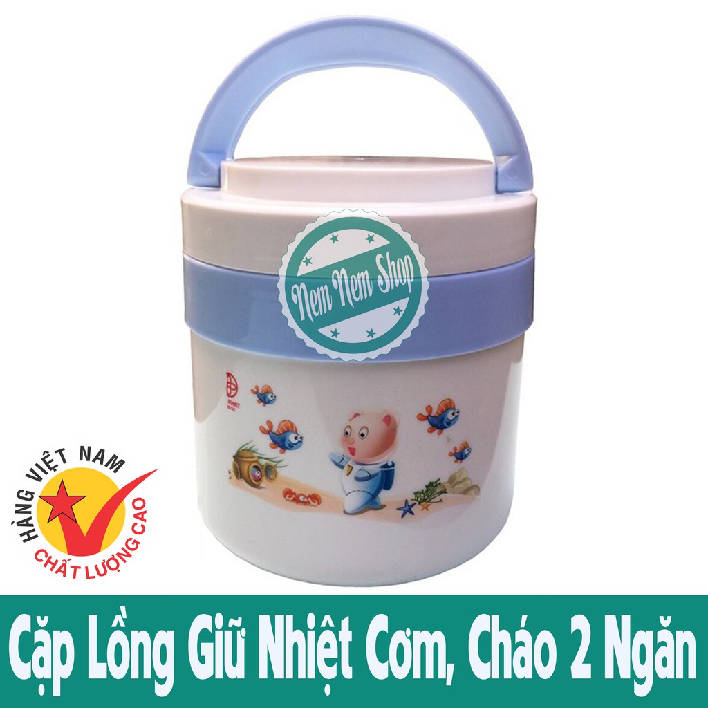 Cặp Lồng Giữ Nhiệt Cơm, Cháo 2 Ngăn 1350ml Nhựa Pp, Ruột Inox Việt Nhật - Made In Việt Nam