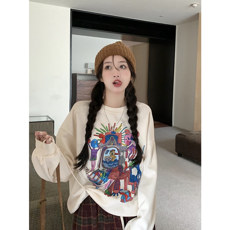 Áo Sweater Cổ Tròn Tay Dài Dáng Rộng In Họa Tiết Hoa Xinh Xắn Thời Trang Hàn Quốc Cho Nữ