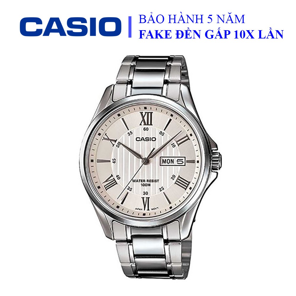 Đồng hồ Casio nam dây sắt thể thao, trắng bạc thanh lịch, mặt số la mã đẳng cấp, chống nước WR50M (MTP-1384D-7AVDF)