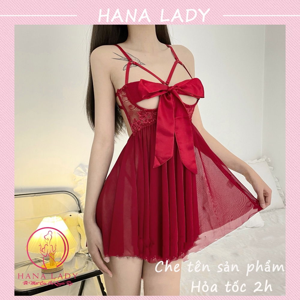 Váy ngủ nữ xuyên thấu, đầm ngủ sexy gợi cảm nơ ngực quyến rũ kèm quần chip lọt khe VN458