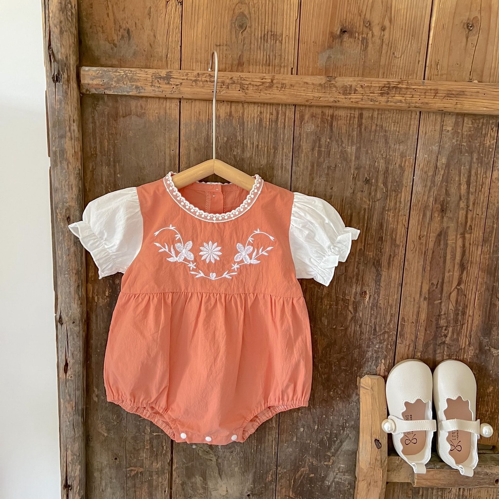Áo Liền Quần Tay Phồng Cổ Tròn Thêu Ren Màu Sắc Tương Phản Thời Trang Mùa Hè Xinh Xắn Cho Bé Gái