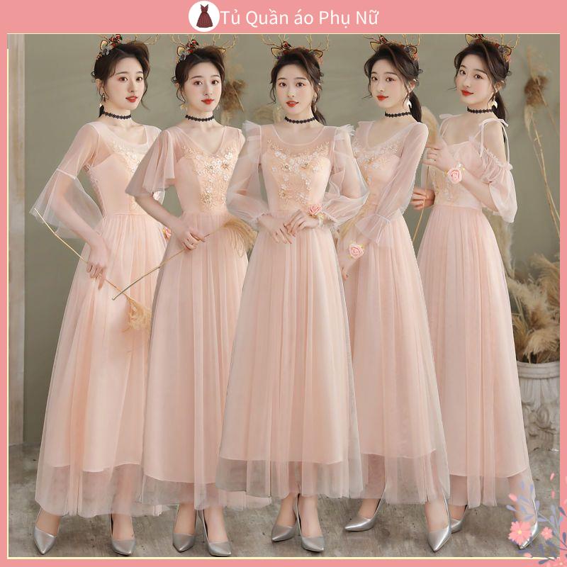M nu Đầm Phù Dâu Dáng Dài Màu Hồng Cà Vạt Mùa Đông Sáng Tạo Khí Chất Thần Tiên Có Thể Mặc Khi Đi Đám Cưới