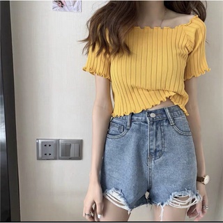 Áo len cộc tay croptop trễ vai phong cách trẻ trung kiểu ulzzang