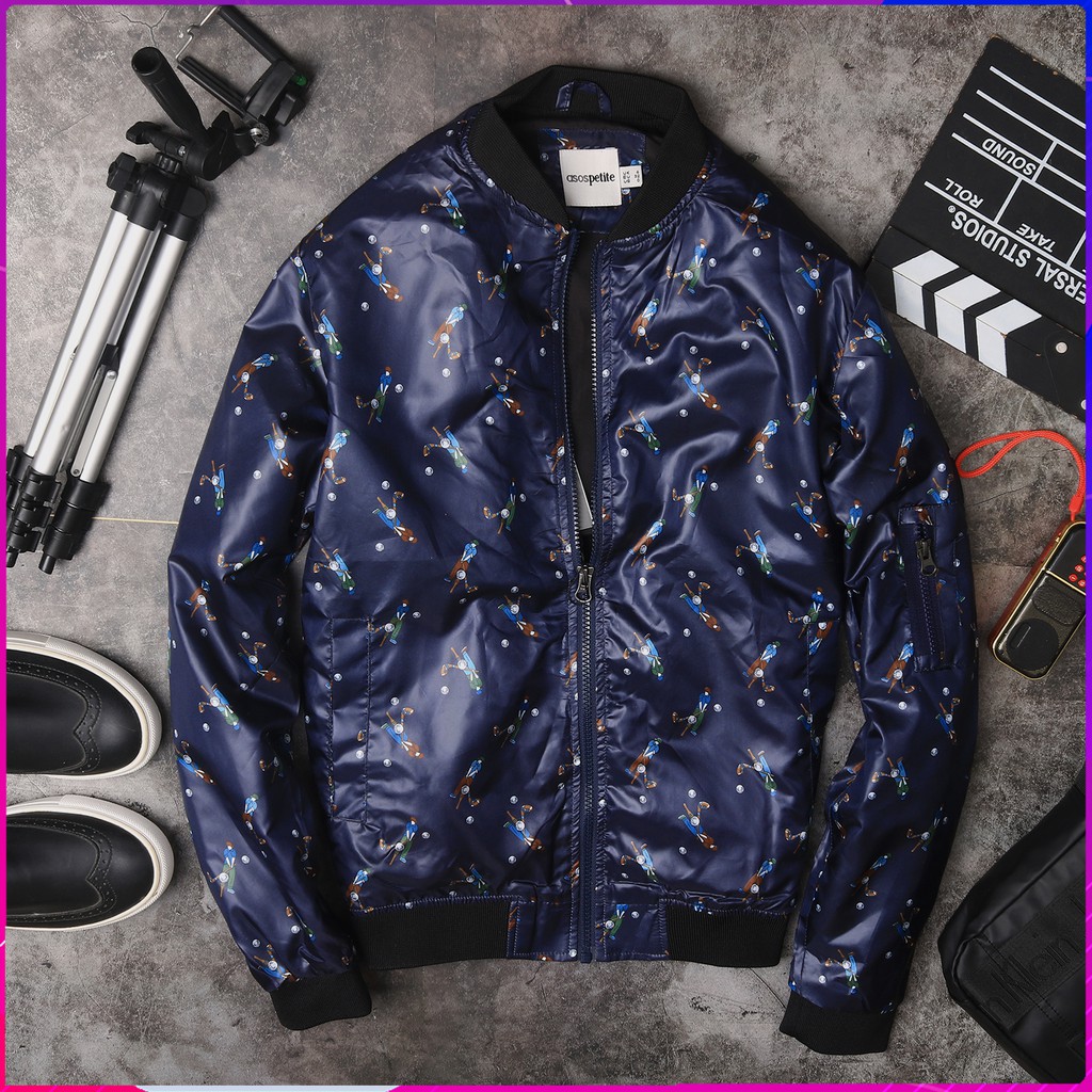 áo khoác bomber nam in hoạ tiết hàng hiệu hai lớp