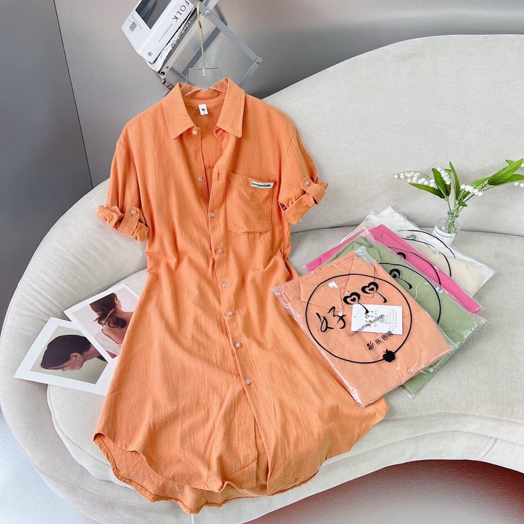 Váy đầm nứ sơ mi dáng xuông mickey tay lỡ thất thô hàn mềm mát hàng L1