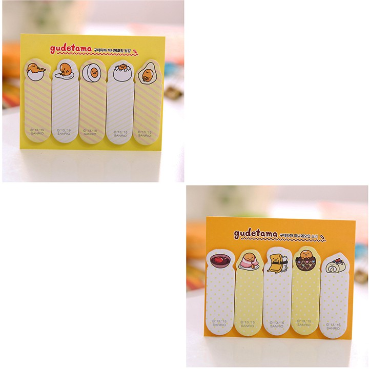 HCM - Vỉ bookmark giấy 5 tệp họat hình trứng ốp la Gudetama chặn sách kiêm ghi chú note