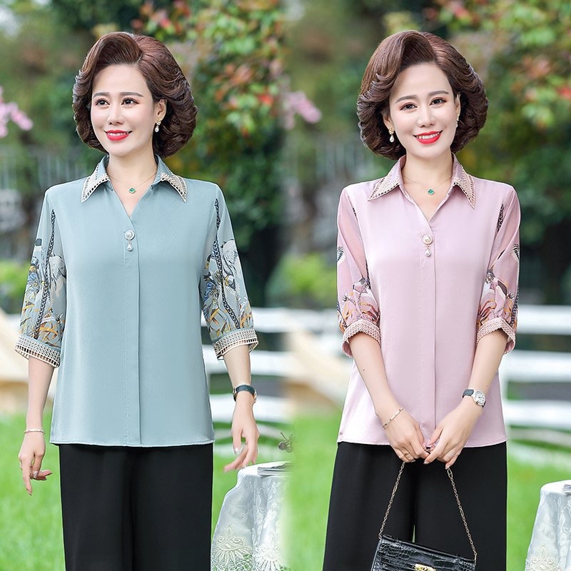 áo sơ mi lụa Quảng Châu cao cấp cho trung niên nữ tay phối họa tiết phong cách sang trọng thanh lịch món quà tặng mẹ
