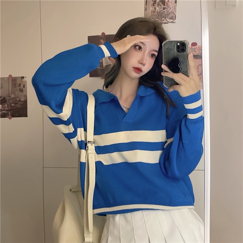 NZN  Áo Sweater Tay Dài Cổ Bẻ Phong Cách Retro Hàn Quốc Thời Trang Cho Nữ