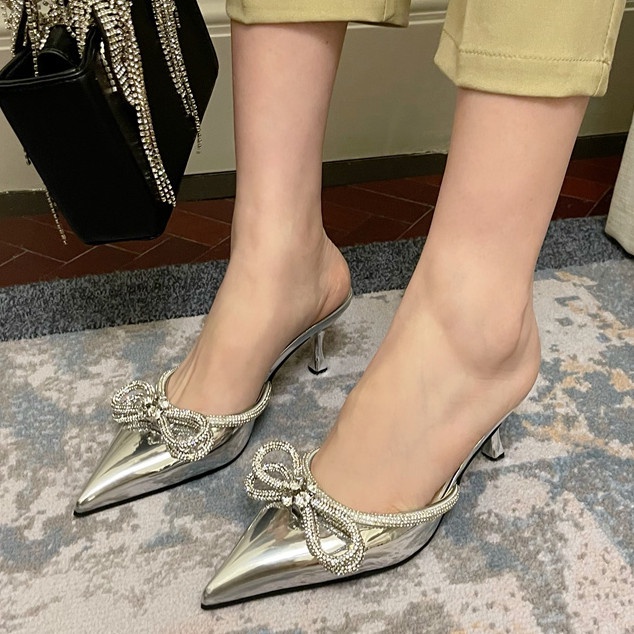 Giày Cao Gót 2.56 Inch Mũi Nhọn Đính Đá Thời Trang Cho Nữ