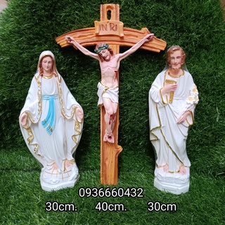 Bộ 3 tượng Thánh GS, Đức Mẹ ban ơn 30cm, Thánh giá Chúa c.nan 40cm chất liệu composite nhiều màu