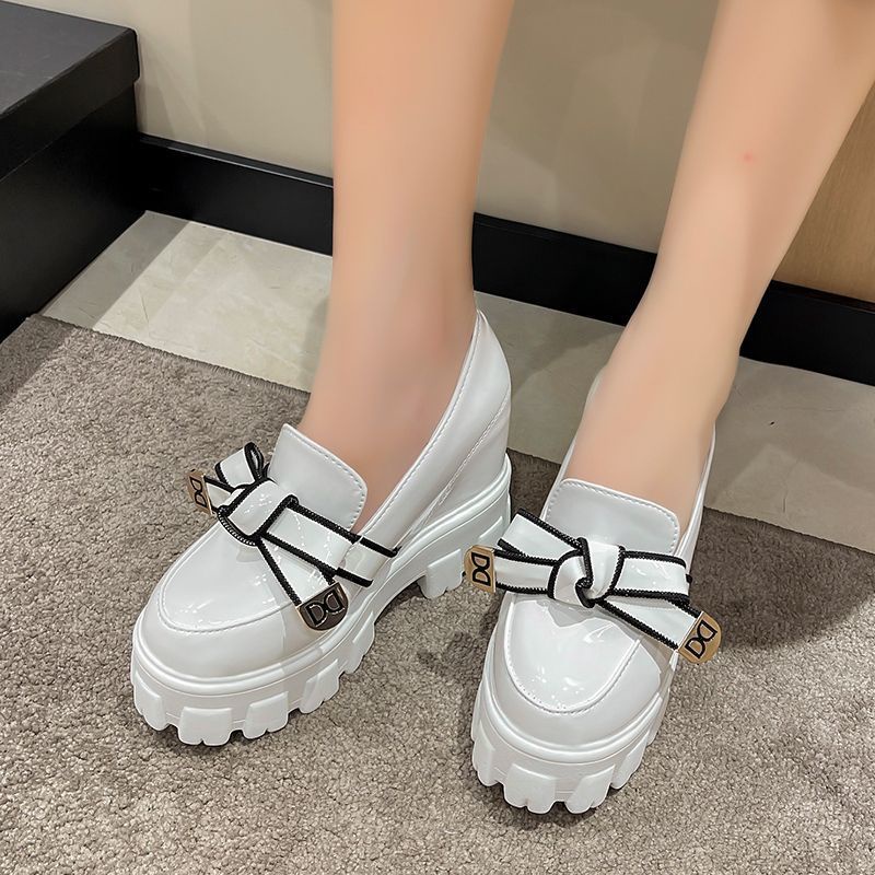 🎀 Giày Lười Da Đế Dày Mũi Tròn Thắt Nơ Phong Cách Anh Quốc 2023 Cho Nữ