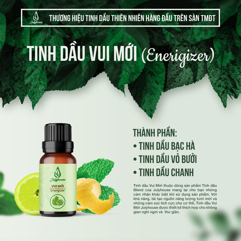 Tinh dầu vui mới 10ml JULYHOUSE kết hợp tinh dầu Chanh, Bạc Hà và Vỏ Bưởi