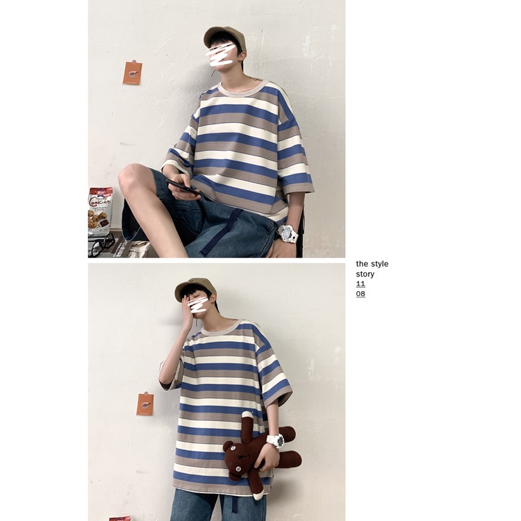 Áo thun tay lỡ nam nữ form rộng kẻ sọc ngang Unisex phong cách hàn quốc