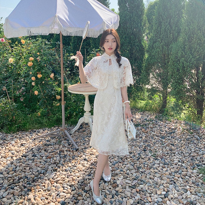 Seto with the same style online celebrity pearl cheongsam shawl summer high-end women wear a foreign style with a skirt
